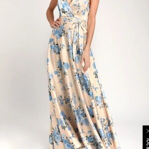 Lulu's Cream and Blue Floral Maxi Dress